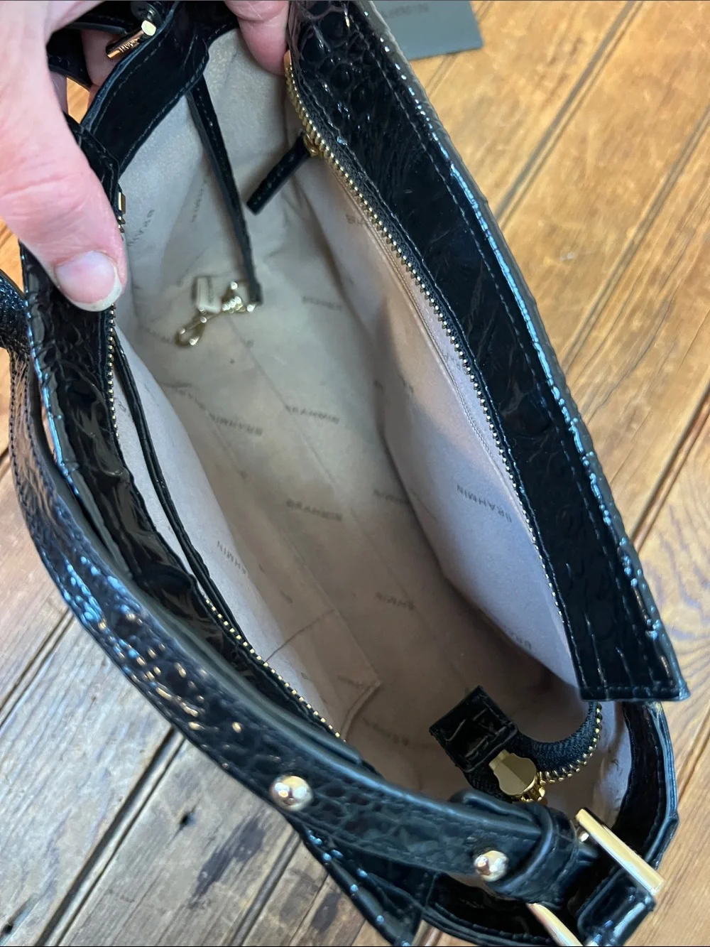 Brahmin Hillary Black Croc-Embossed Patent Leather Crossbody